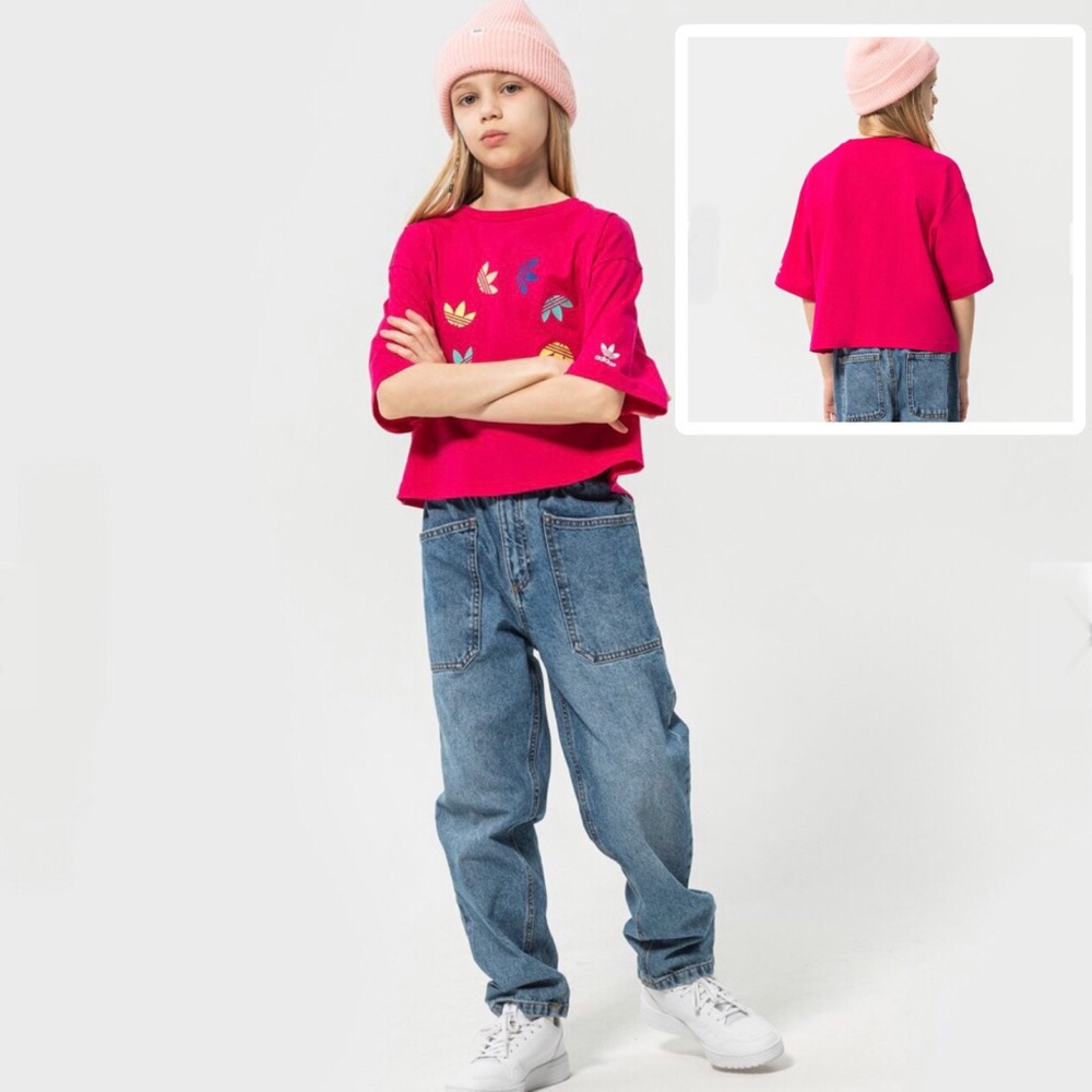 Adidas Bold Pink Originals Multi-color Trefoil "Big Girl" Kids Crop-top NWT XS - Picture 4 of 11
